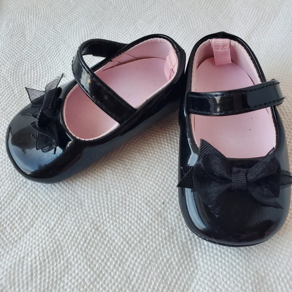 Black Patent Skimmer Soft Sole Crawling Shoe with Bow and Hook and Loop (Velcro)